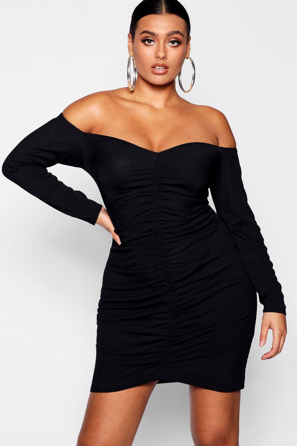 black ruched bardot dress