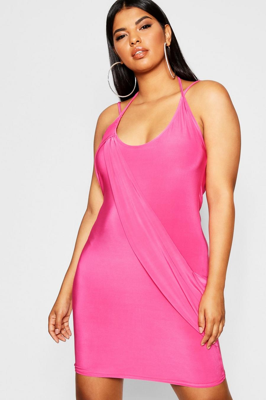Plus Slinky Drape Detail Bodycon Dress, Hot pink image number 1