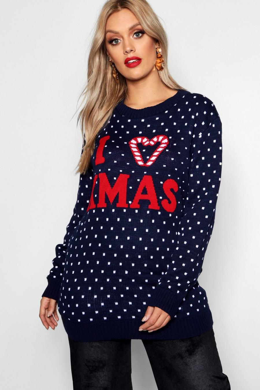 Plus Weihnachtspullover mit „I Love Xmas“-Slogan, Marineblau image number 1