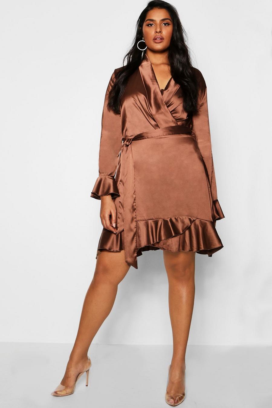 Plus Satin Ruffle Wrap Skater Dress image number 1