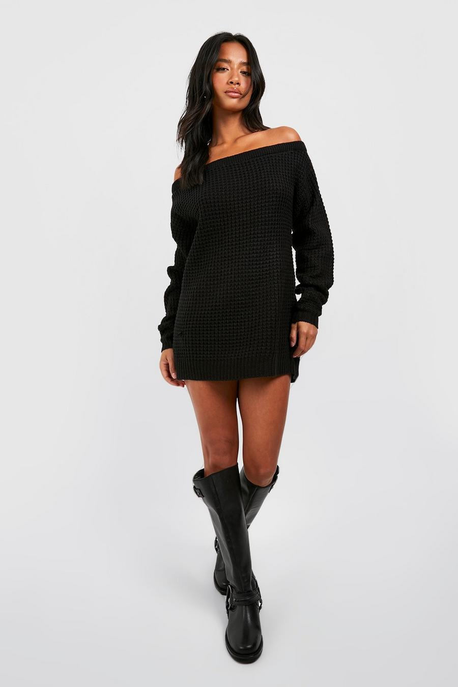 Black Petite Waffle Knit Off The Shoulder Sweater Dress image number 1