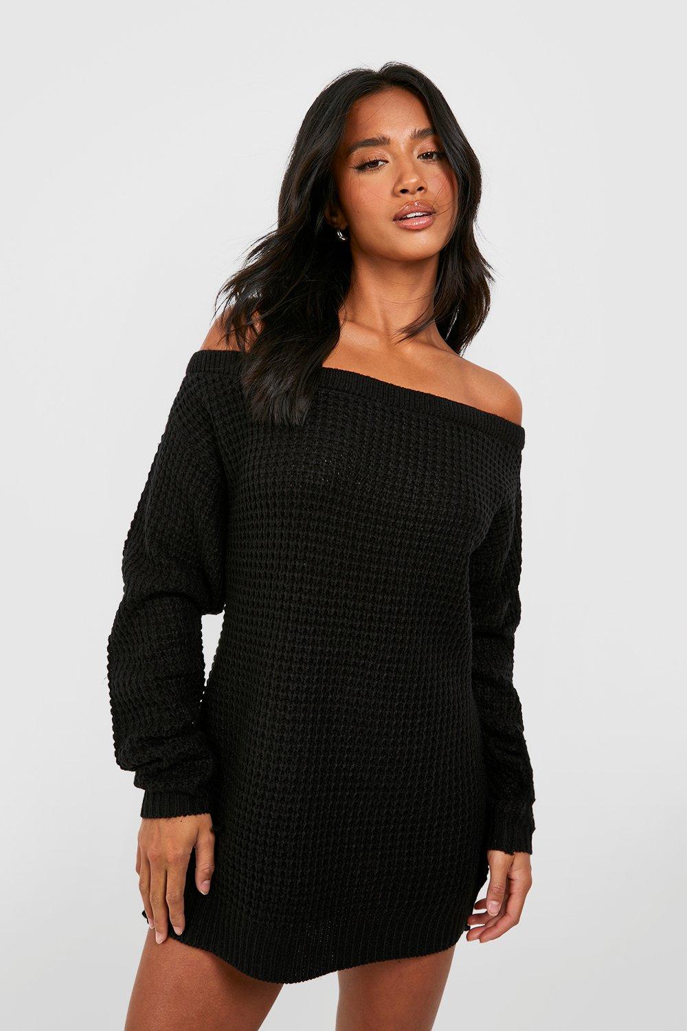 Petite Waffle Knit Off The Shoulder Sweater boohoo