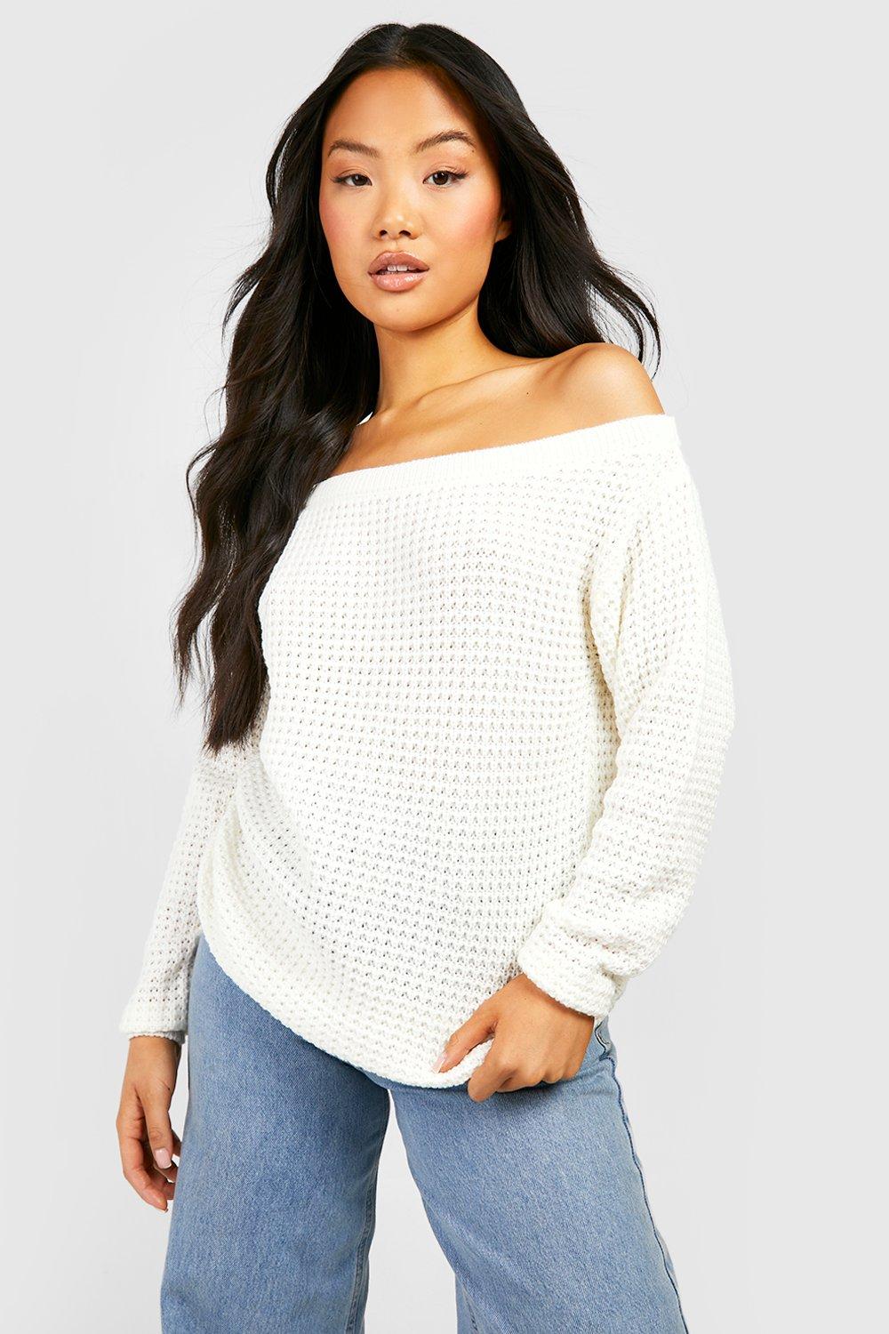 Petite Waffle Knit Off The Shoulder Jumper boohoo