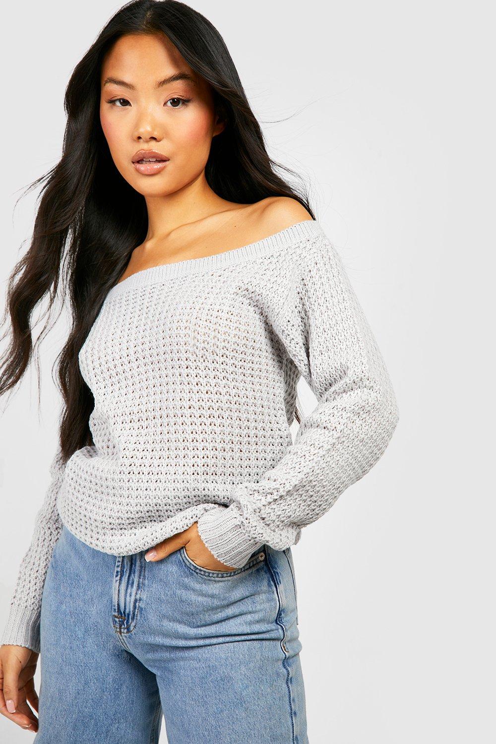 Petite Waffle Knit Off The Shoulder Jumper boohoo
