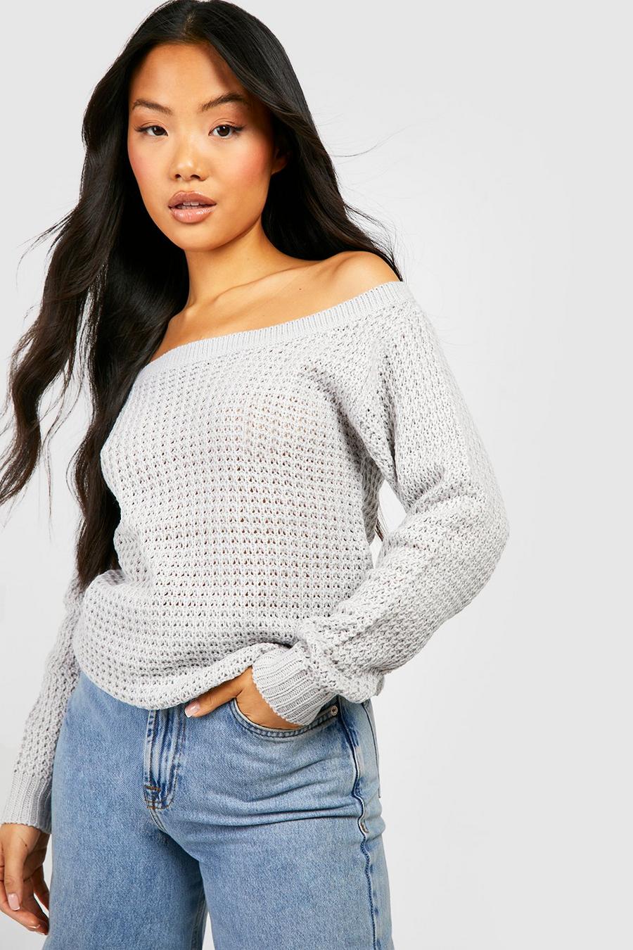 Grey Petite Waffle Knit Off The Shoulder Sweater Dress
