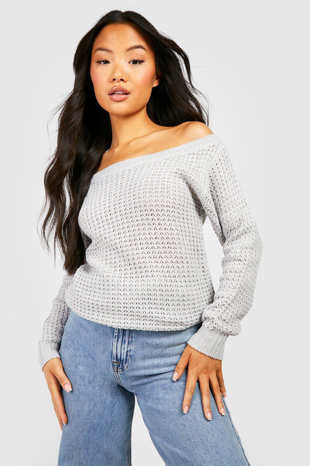 Women s Petite Waffle Knit Off The Shoulder Jumper Boohoo UK