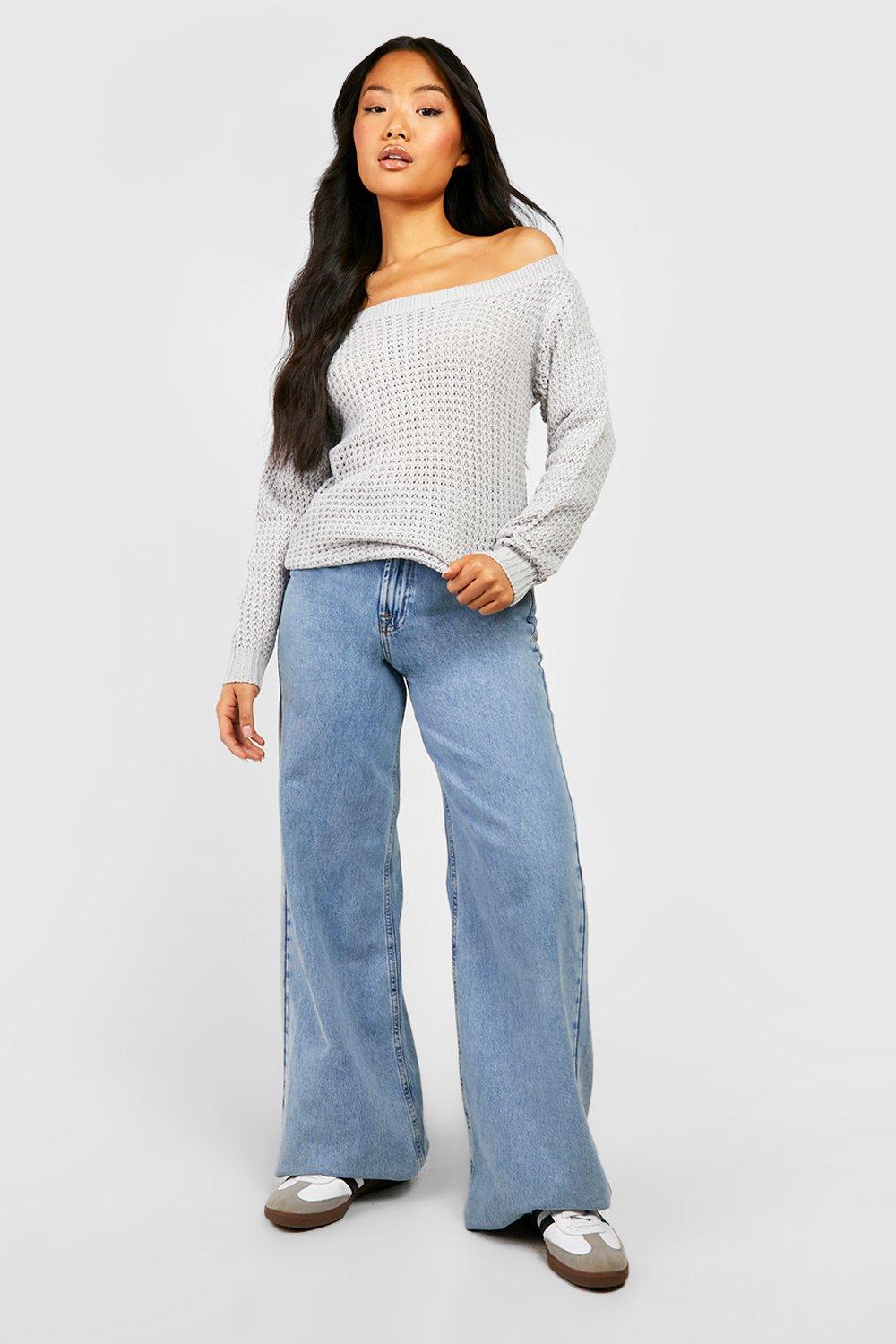 Petite Waffle Knit Off The Shoulder Jumper boohoo