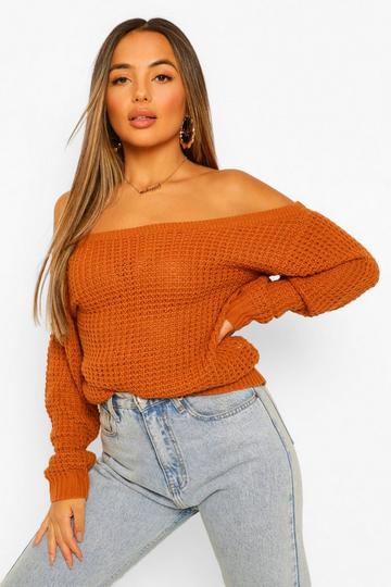 Petite Waffle Knit Off The Shoulder Sweater rust
