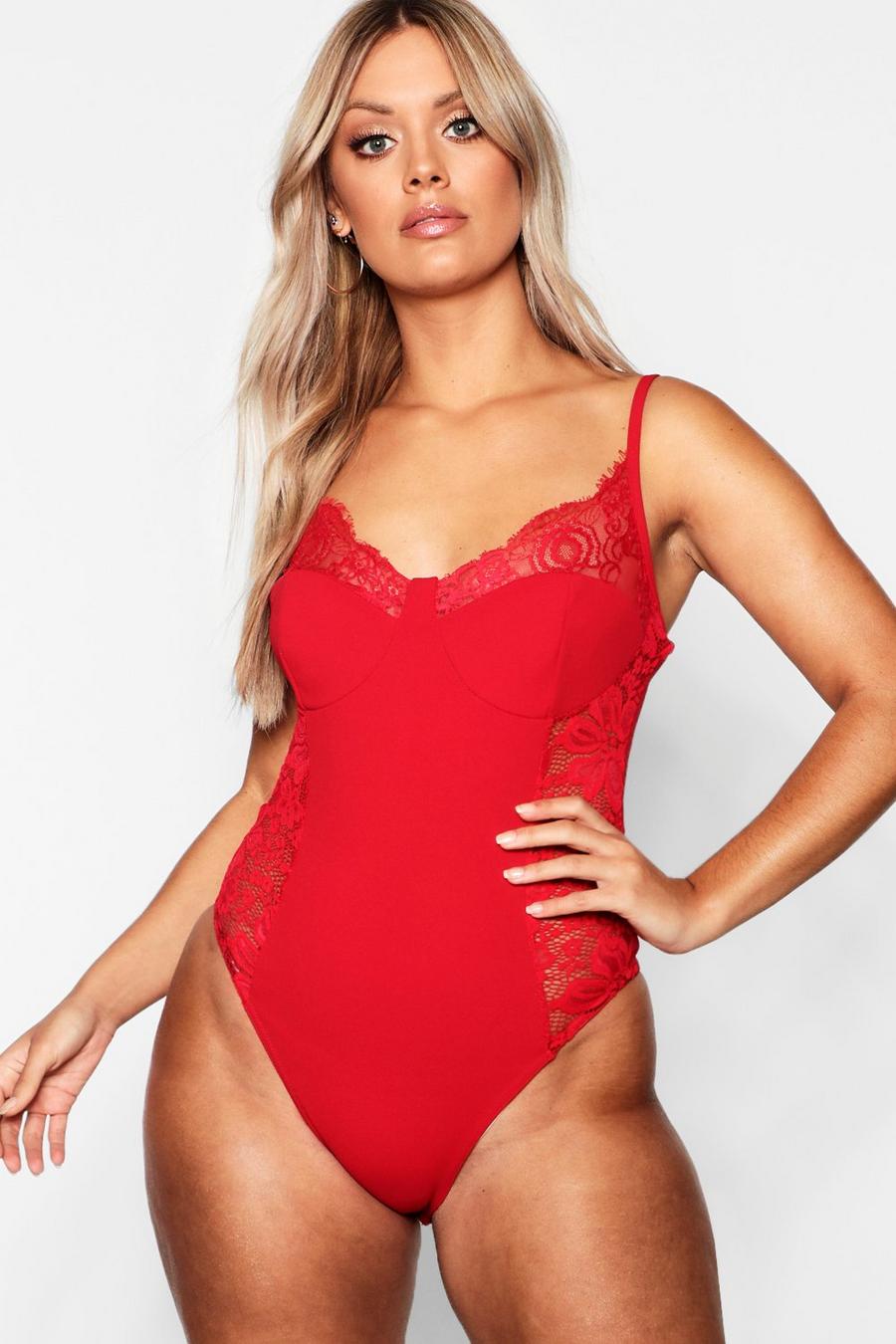 Red Plus Lace Detail Bodysuit image number 1