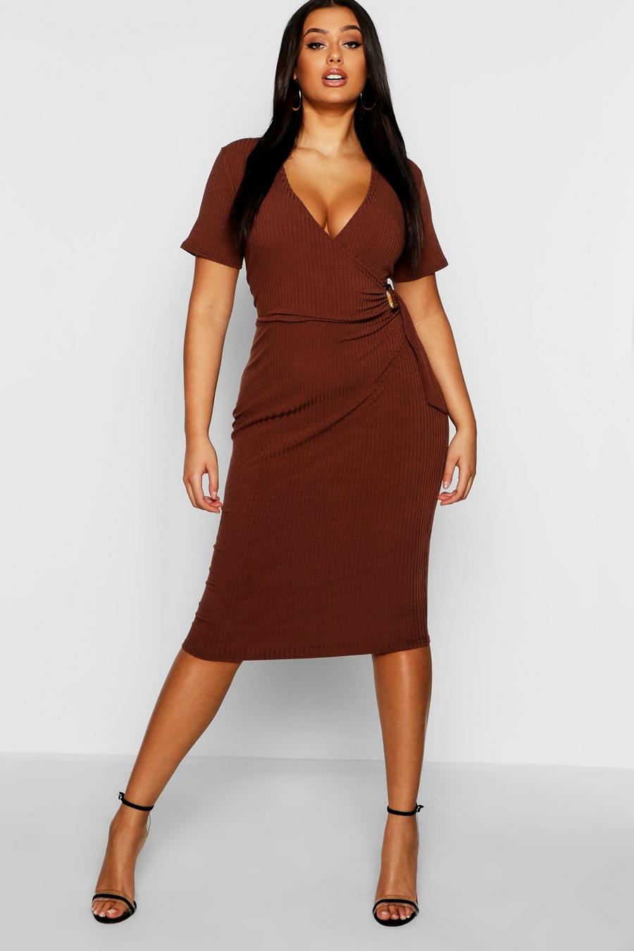 Chocolate Plus Ribbed Wrap Dress image number 1