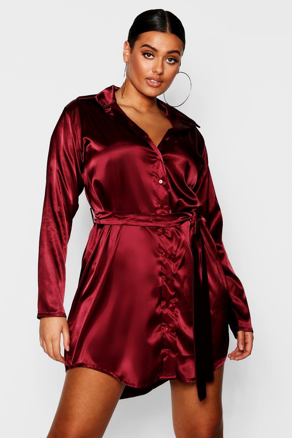 red satin shirt dress