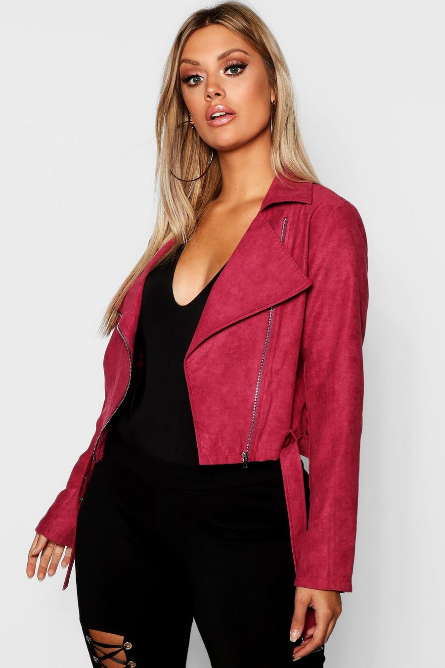 Berry red Plus Belted Faux Suede Cropped Biker Jacket