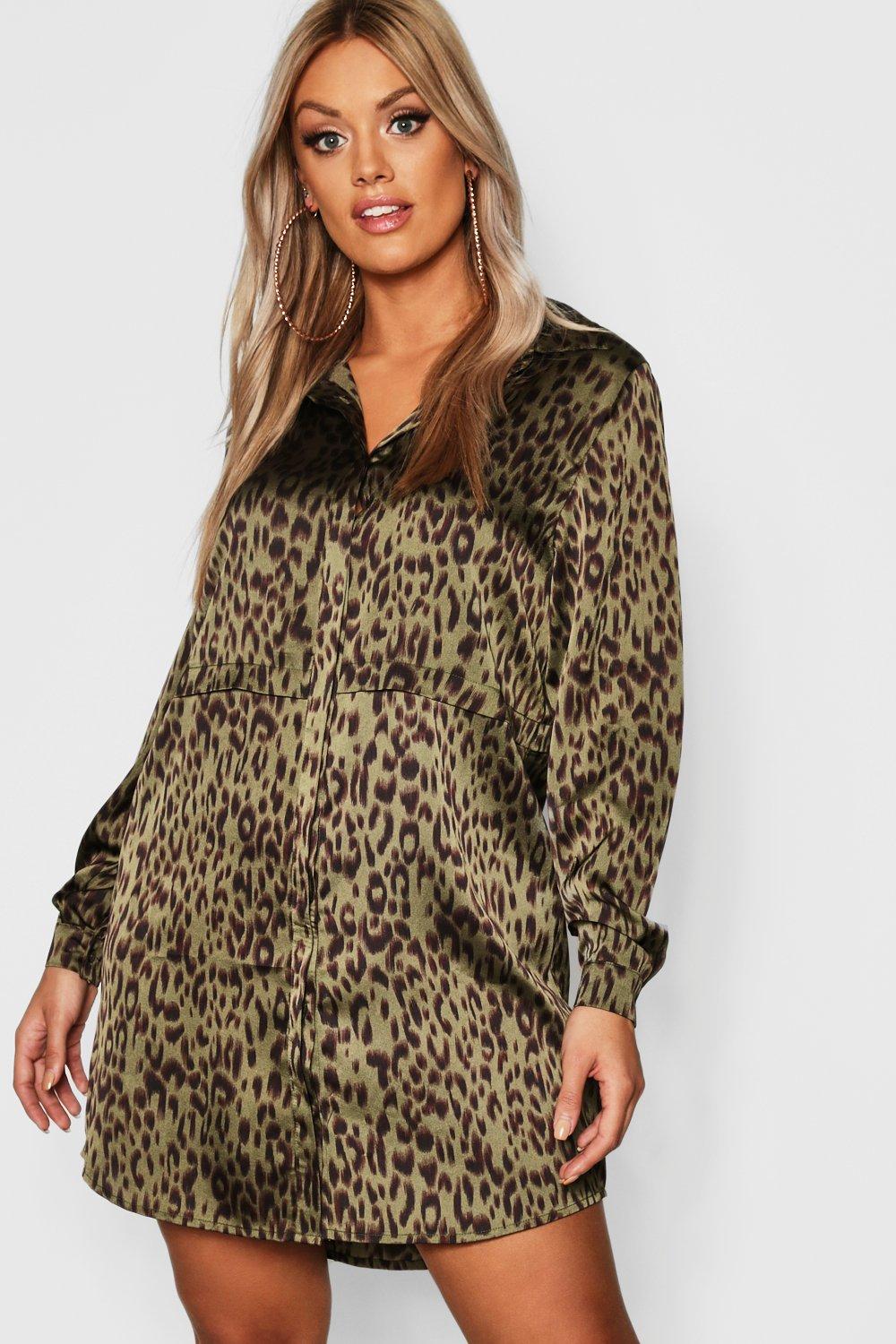 khaki animal print shirt dress