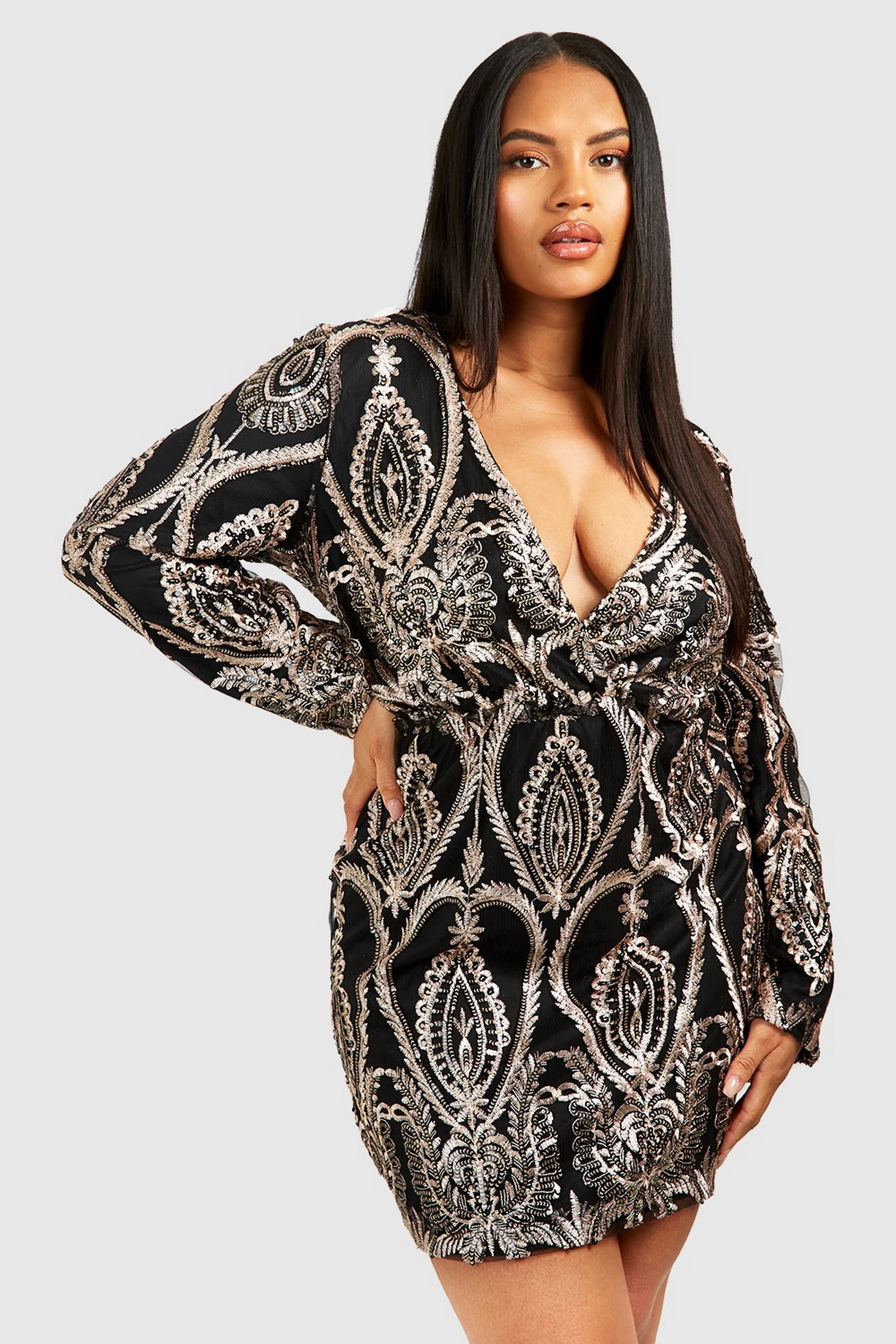 boohoo.com | Plus Lace & Sequin Plunge Mini Dress