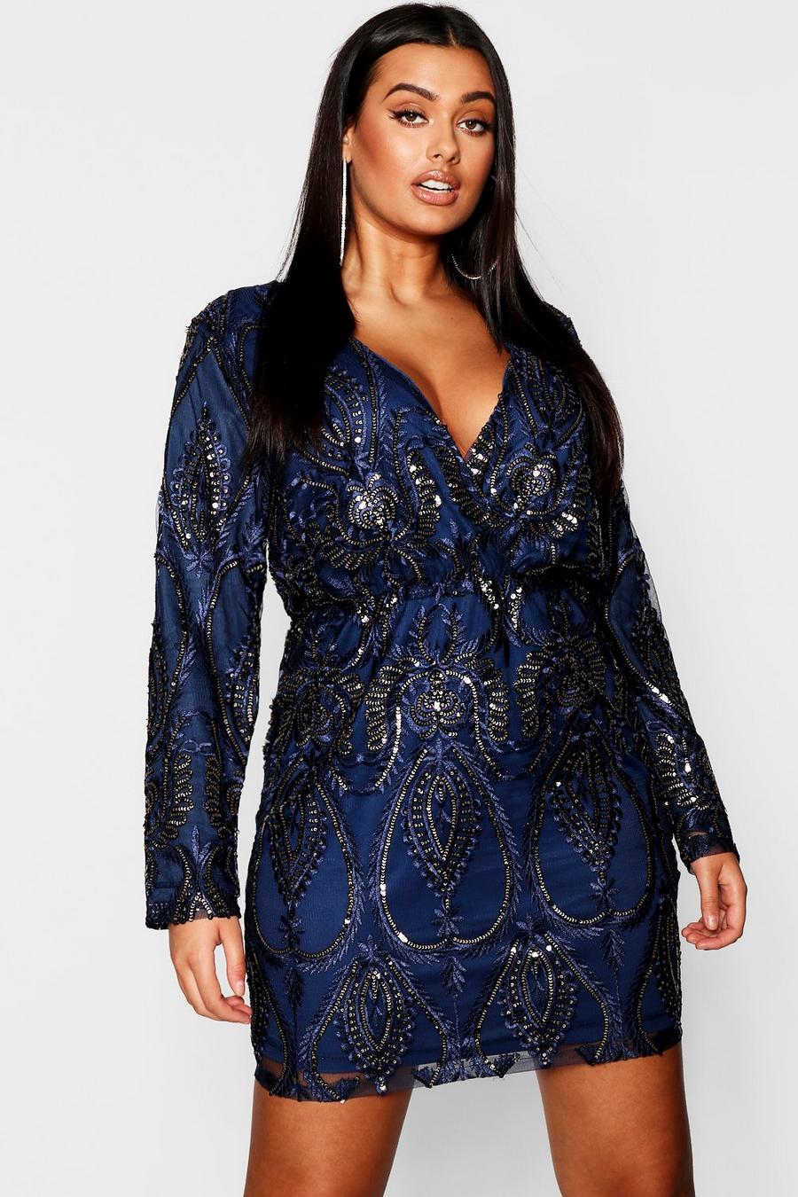Navy blu oltremare Plus Lace & Sequin Plunge Mini Dress image number 1