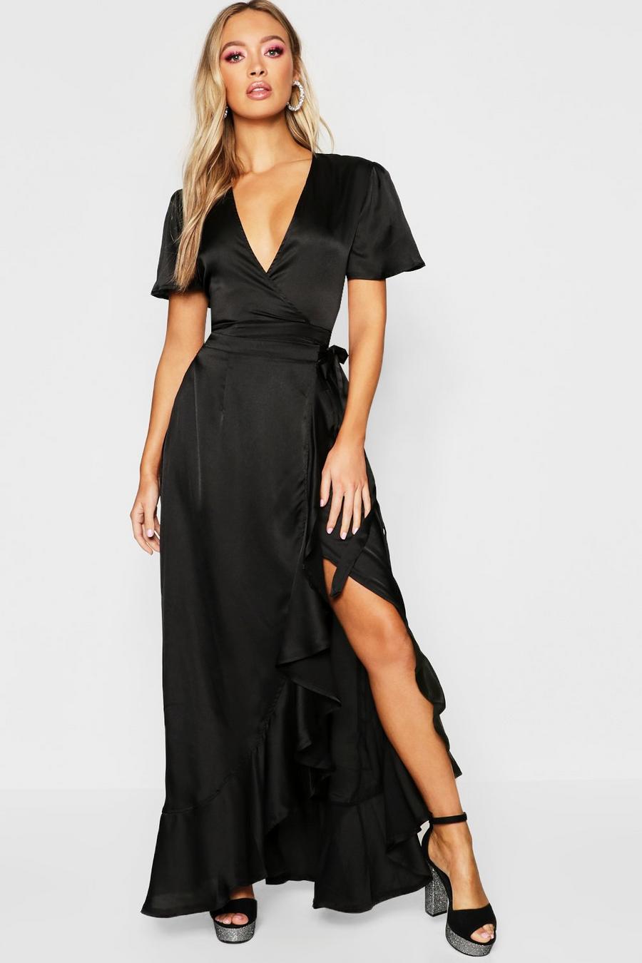 Black Gemma Collins Satin Ruffle Wrap Maxi Dress image number 1