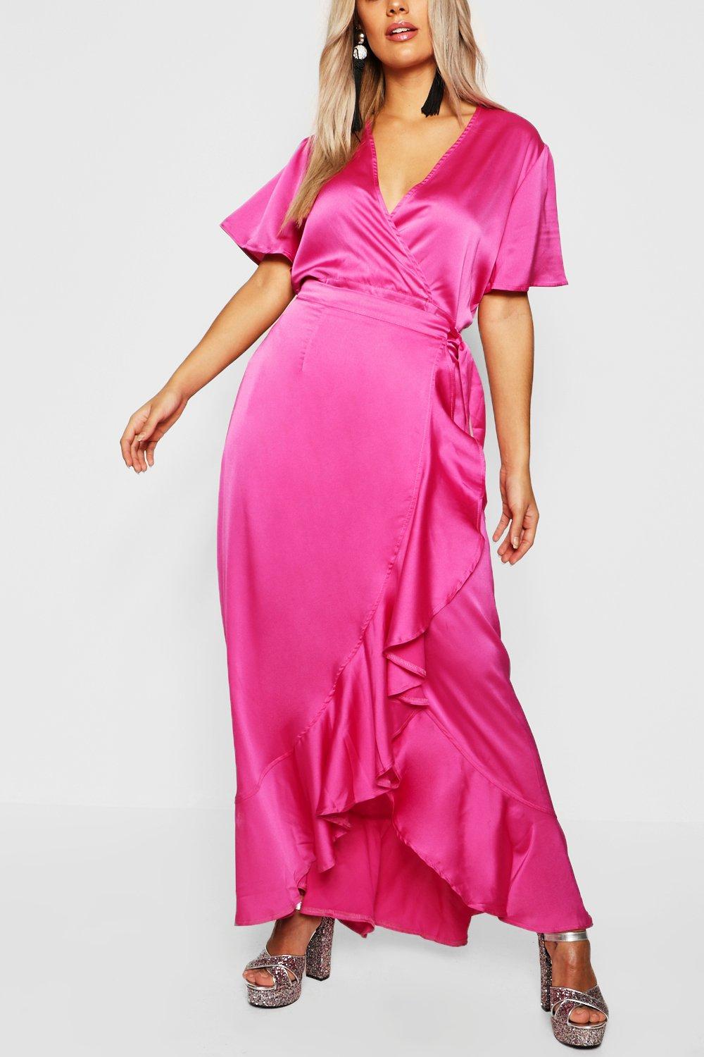 Satin Ruffle Wrap Maxi Dress