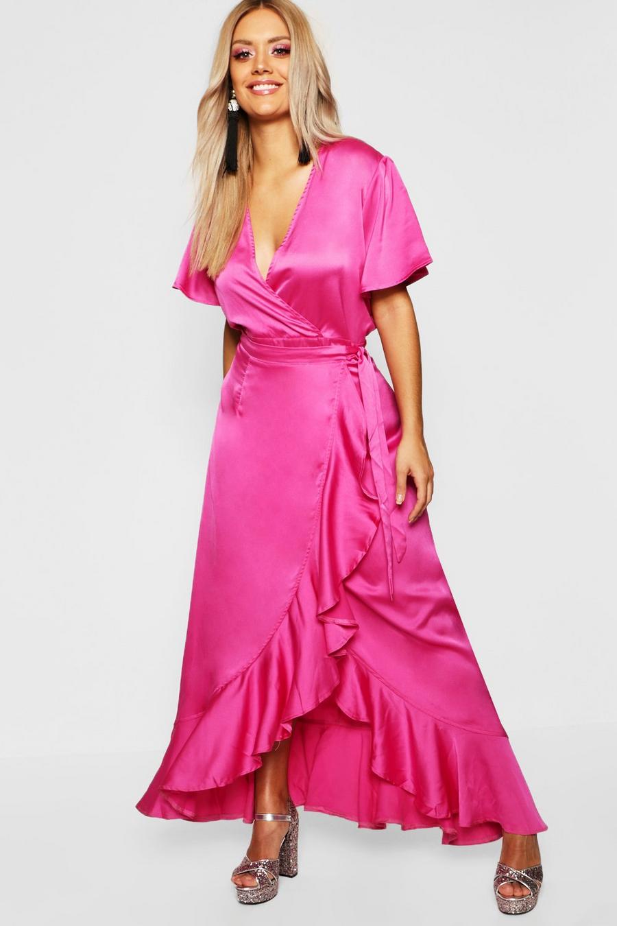 Maxikleid aus Satin im Wickeldesign mit Rüschen , Rosa image number 1