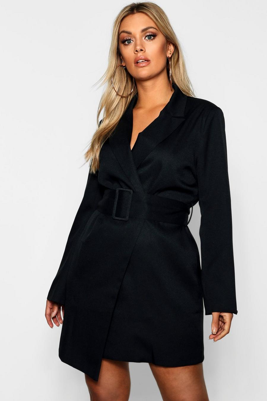 Black Plus Belted Asymmetric Blazer Dress image number 1