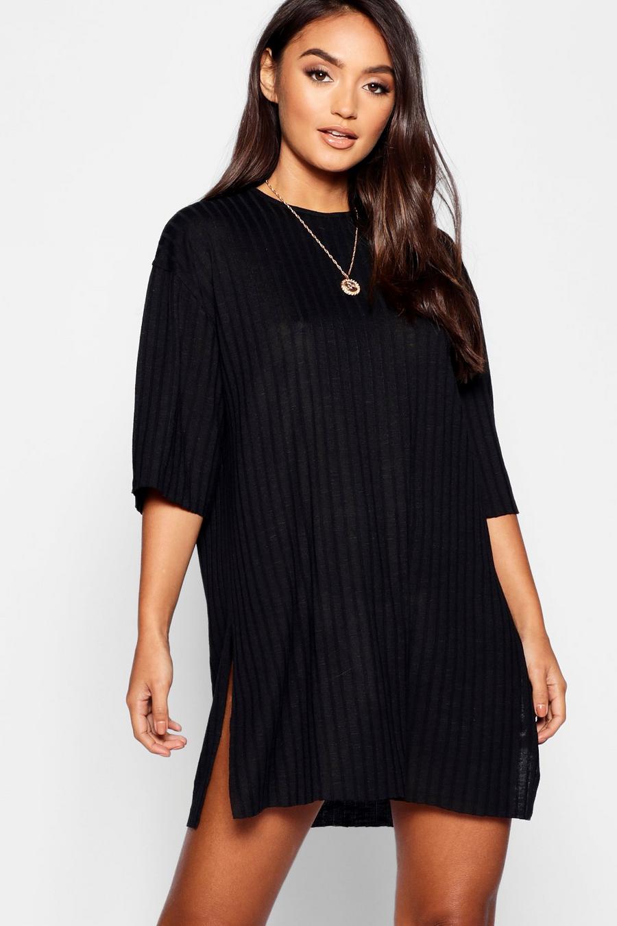 Black Petite Rib Knitted Slouchy T-Shirt Dress image number 1