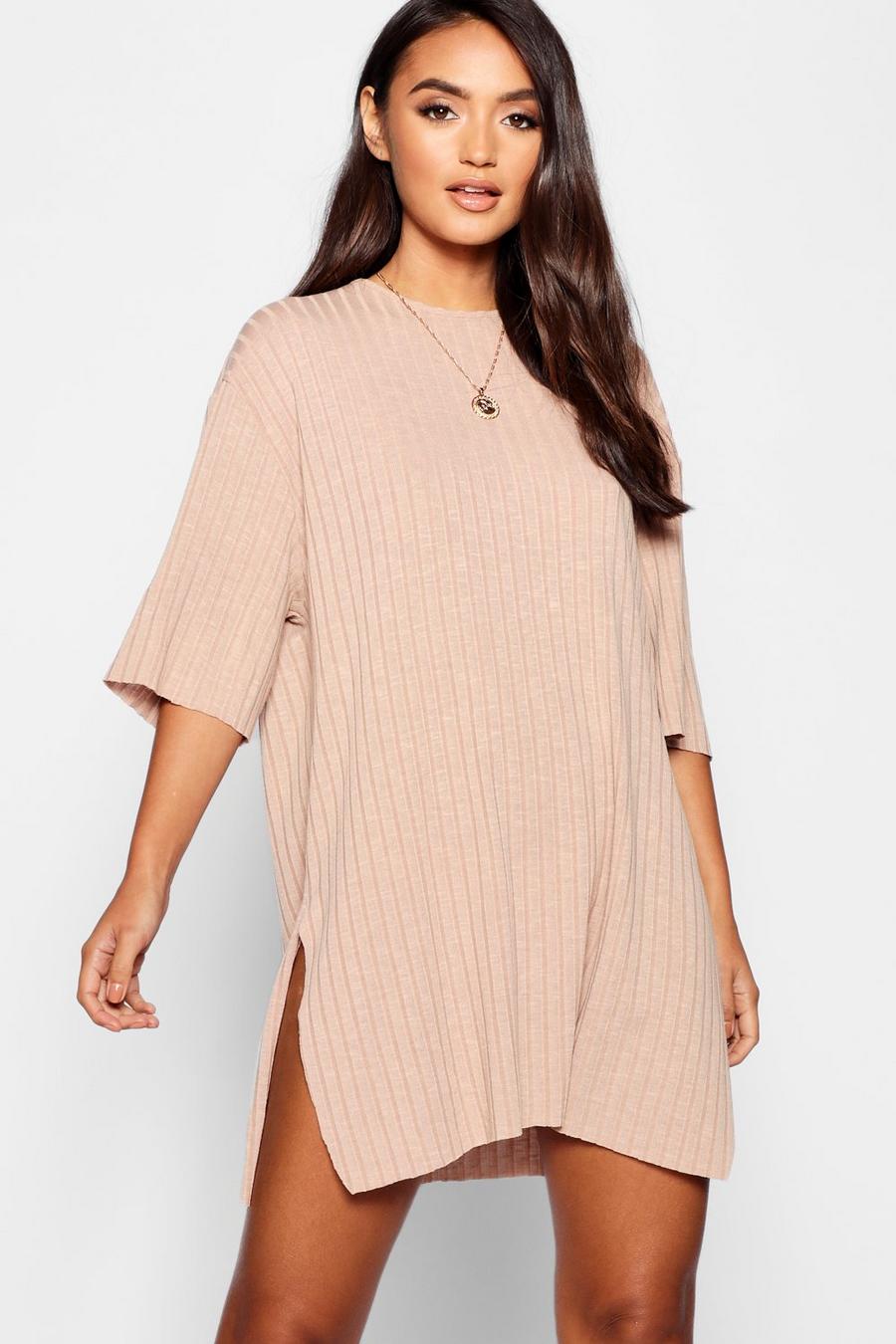 Camel Petite Rib Knitted Slouchy T-Shirt Dress image number 1