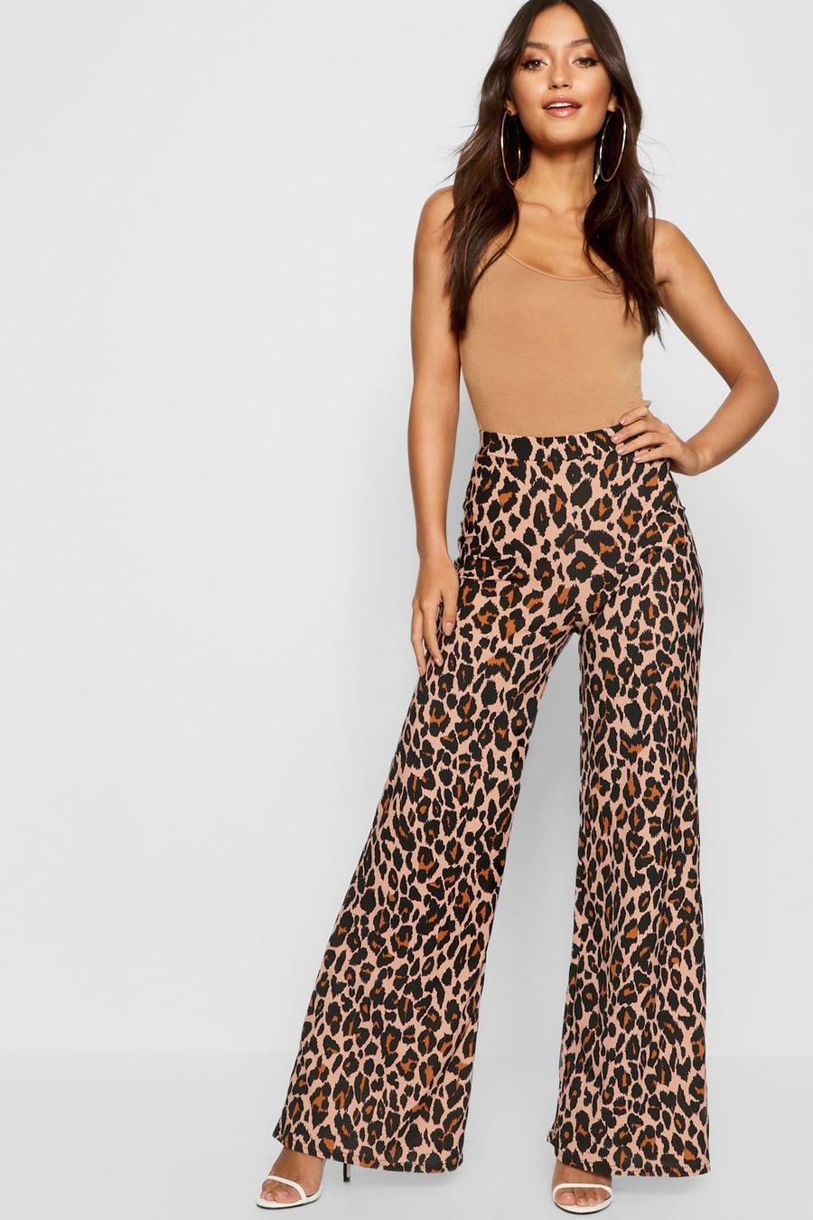 Brown Petite Leopard Print Wide Leg Trousers image number 1