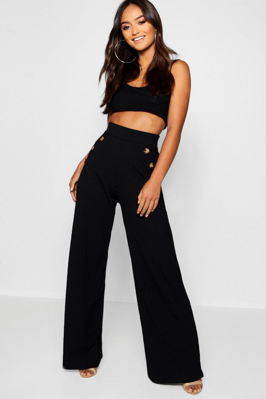 Petite Mock Horn Button Rib Wide Leg Trousers image number 1