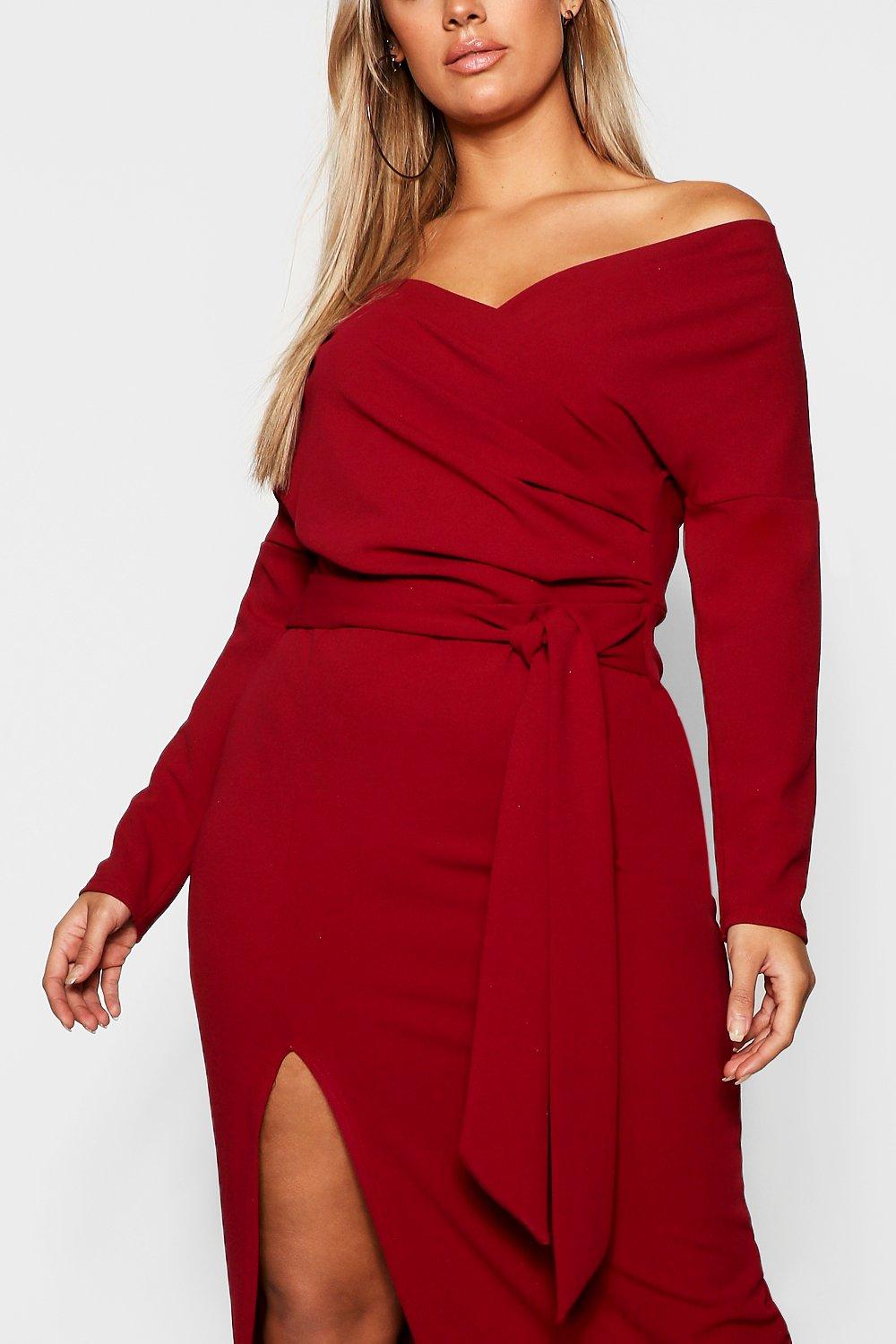 boohoo plus off the shoulder wrap dress