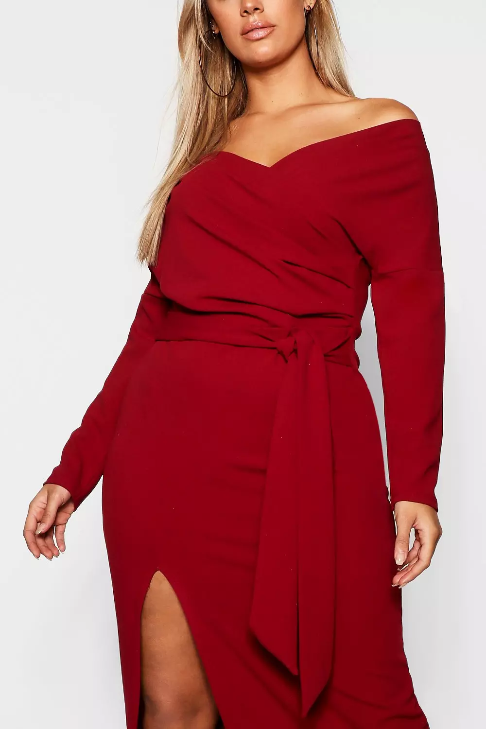 Boohoo plus off the shoulder wrap dress hotsell