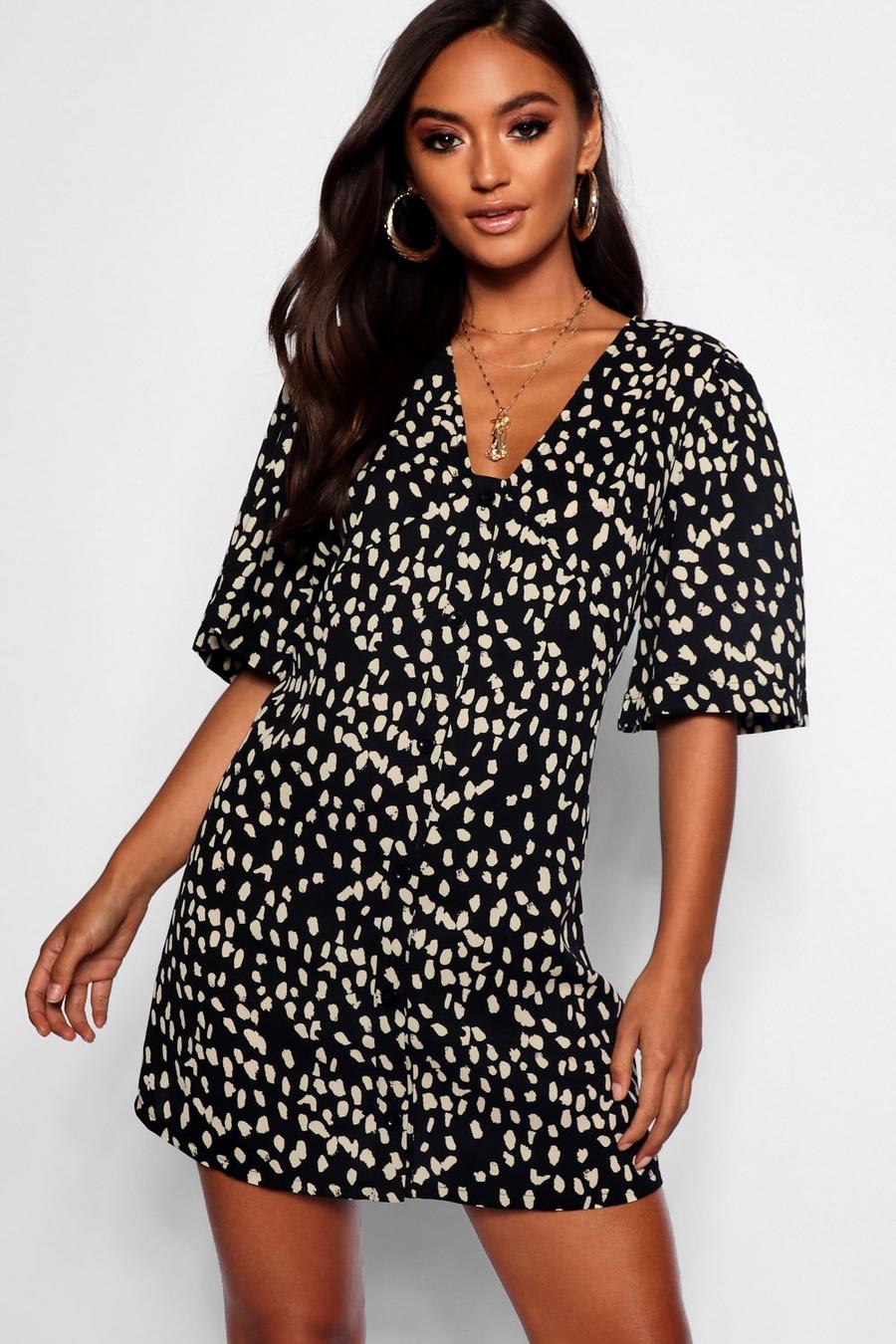 Black Petite Dalmatian Print Button Through Shift Dress image number 1