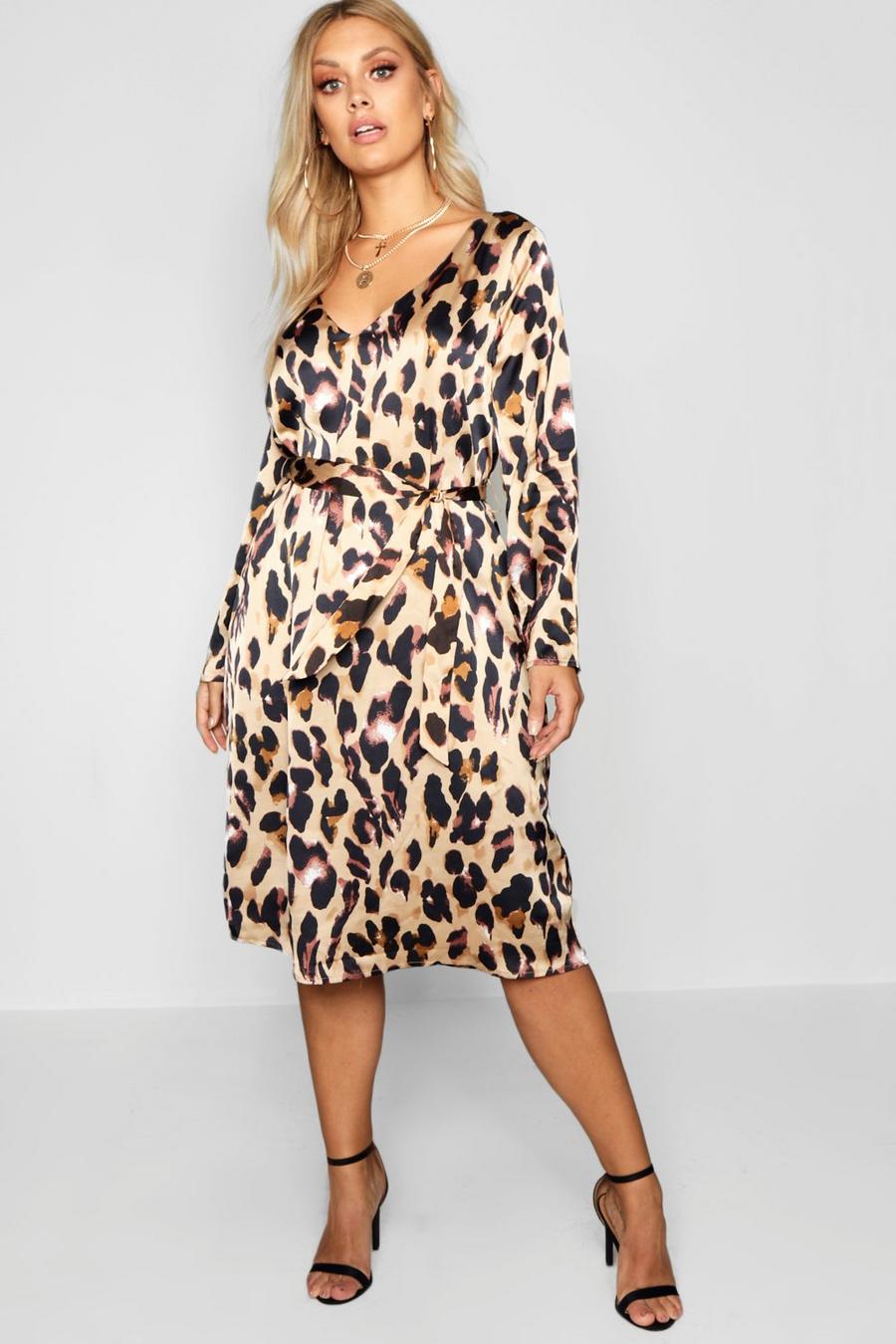 Brown Plus Leopard Print Long Sleeve Midi Dress image number 1