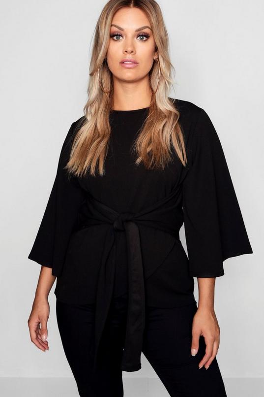 Women's Black Plus Kimono Sleeve Tie Waist Top | Boohoo UK