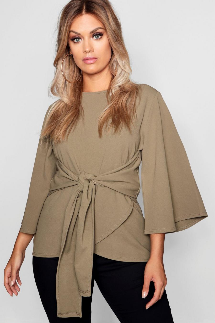 Khaki Plus Kimono Sleeve Tie Waist Top image number 1