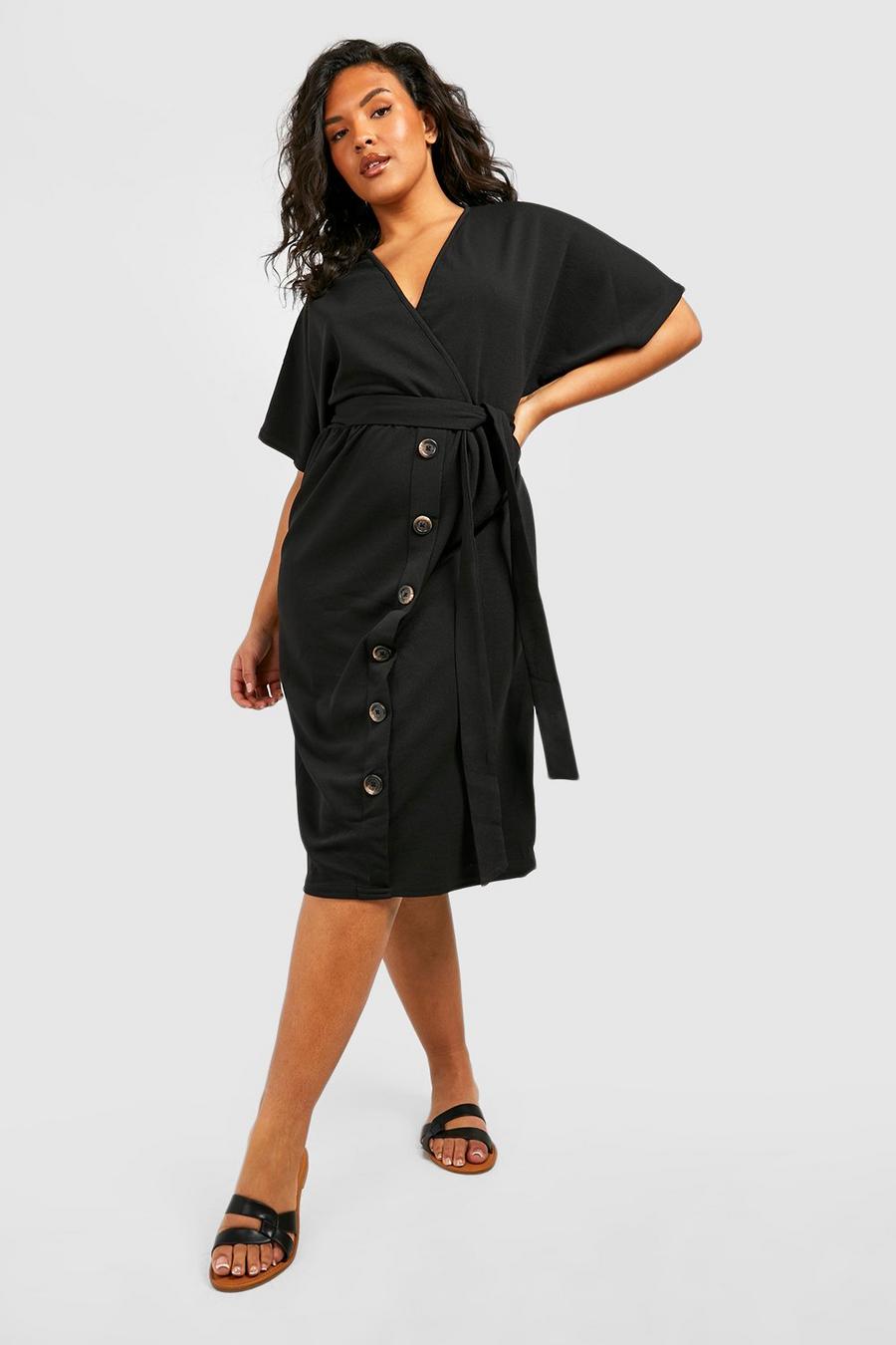 Black Plus Midiklänning med knappar och knytskärp image number 1