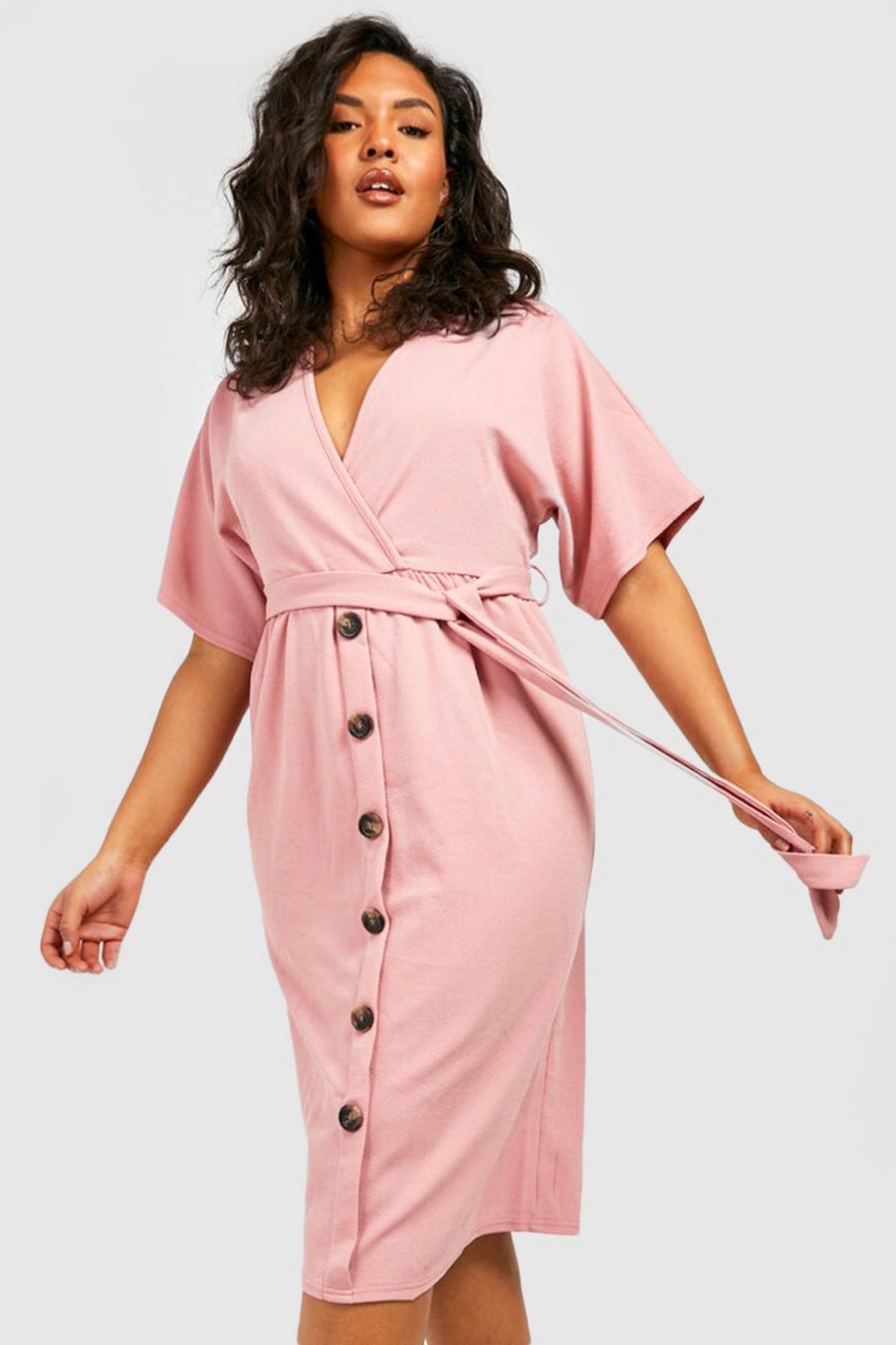 סמוק rosa שמלת מידי מכופתרת עם חגורה מידות גדולות