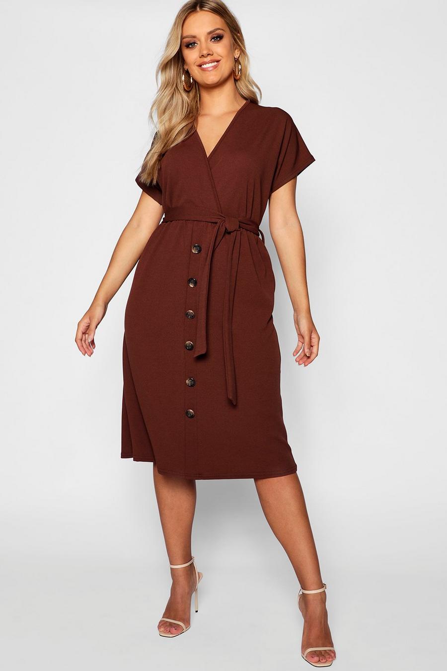 Chocolate Plus Belted Button Down Midi Dress image number 1
