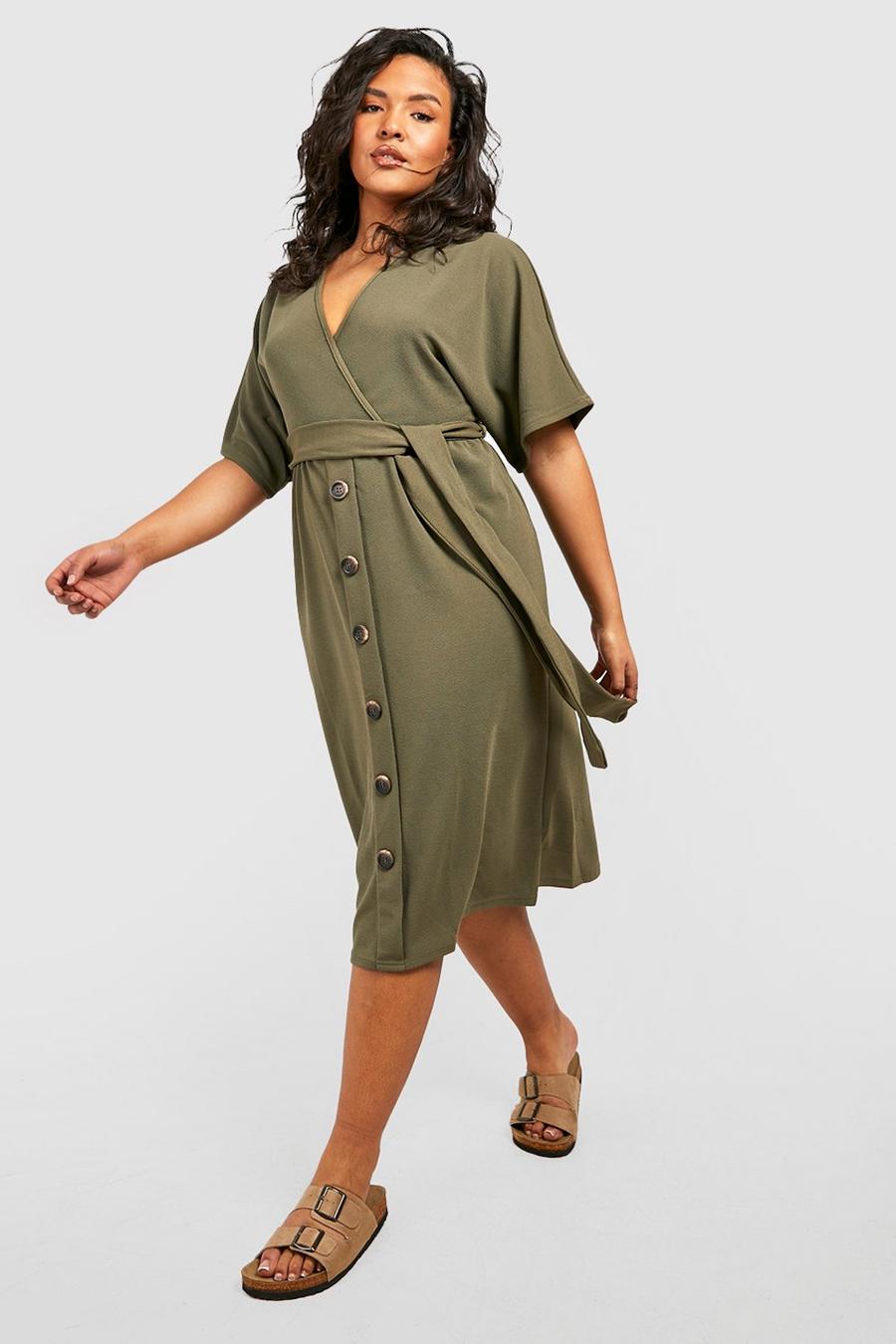 Khaki Plus Belted Button Down Midi Dress image number 1