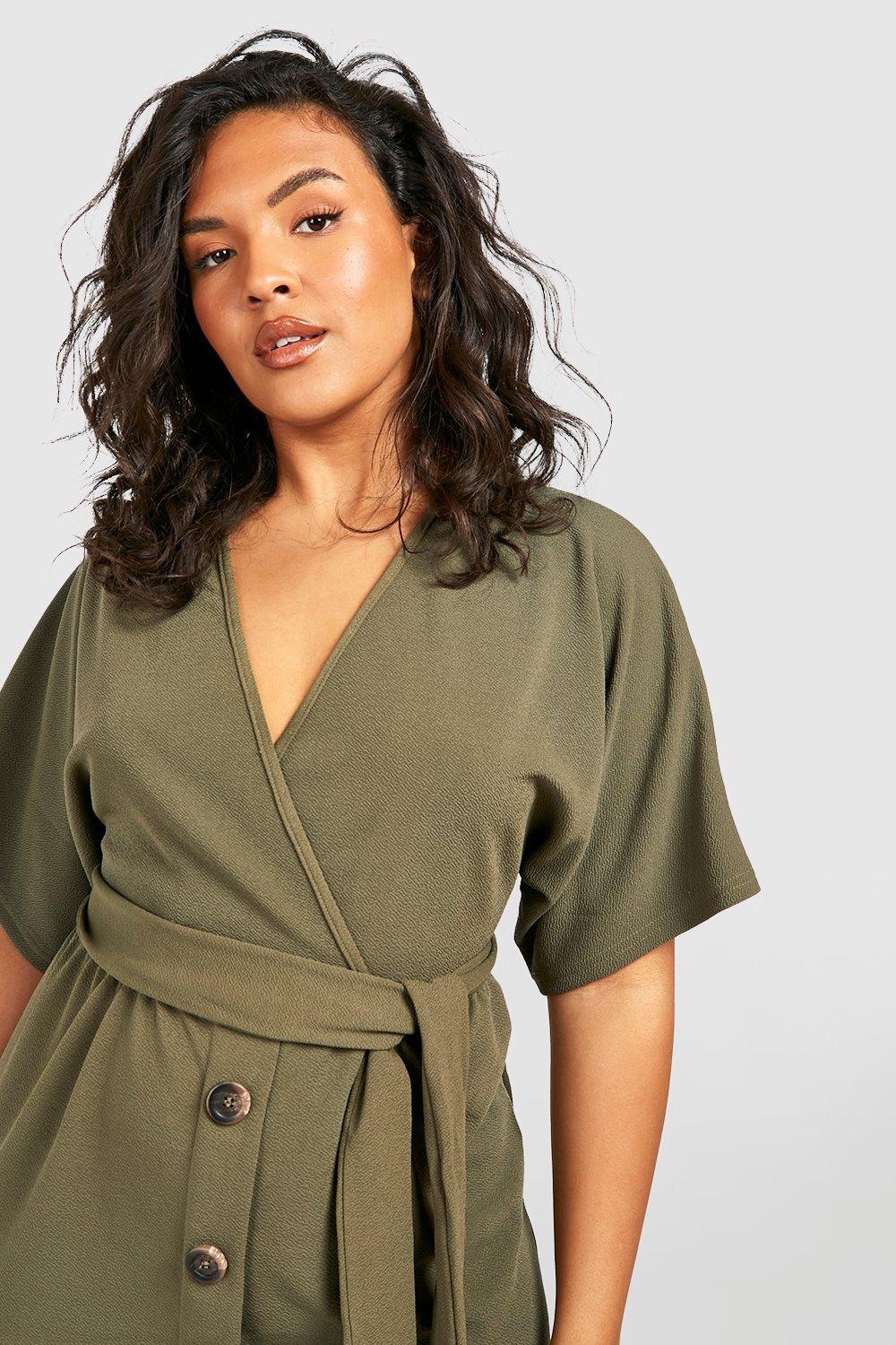 ASOS DESIGN puff sleeve button through belted midi dress in khaki