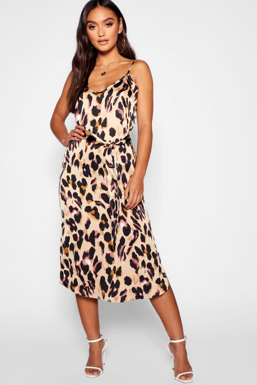 Brown Petite Leopard Print Strappy Midi Dress image number 1