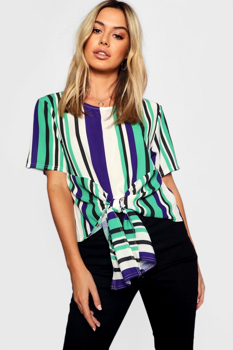 Petite Woven Stripped Tie Front Blouse image number 1