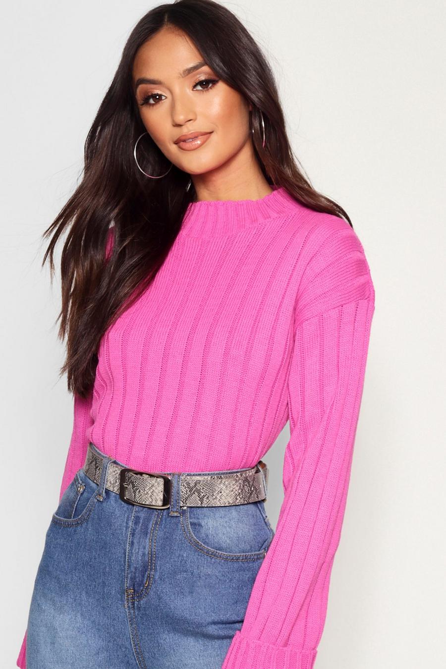 Hot pink Petite Rib Knit High Neck Sweater image number 1