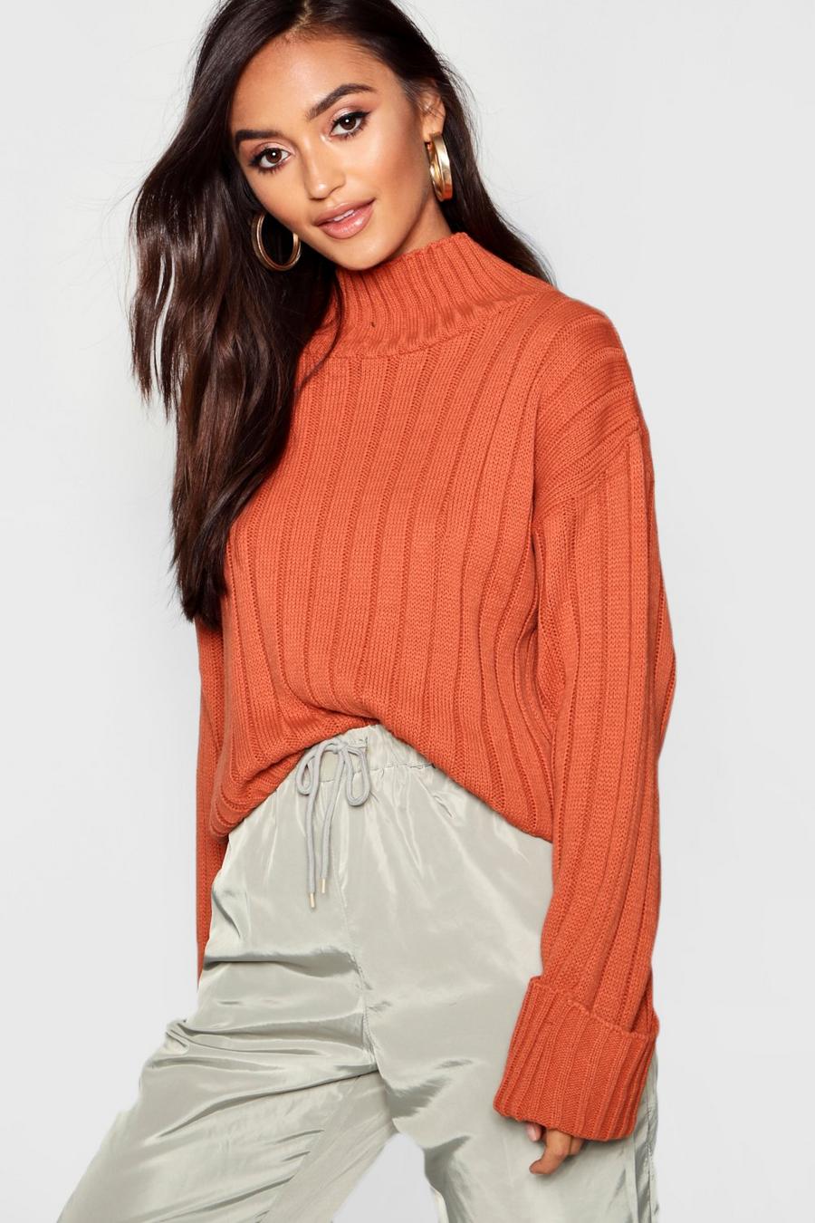 Rust Petite Rib Knit High Neck Sweater image number 1