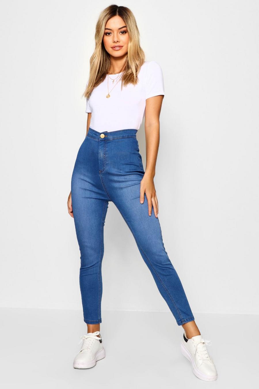 Mid blue Petite High Rise One Button Skinny Jeans