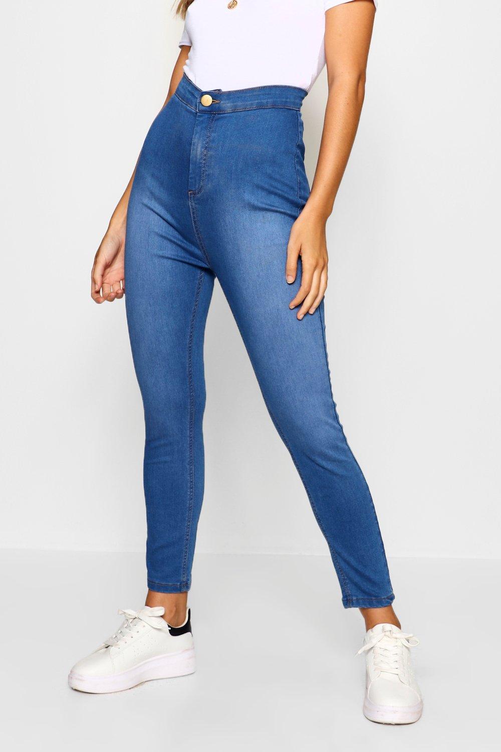 one button high waisted skinny jeans