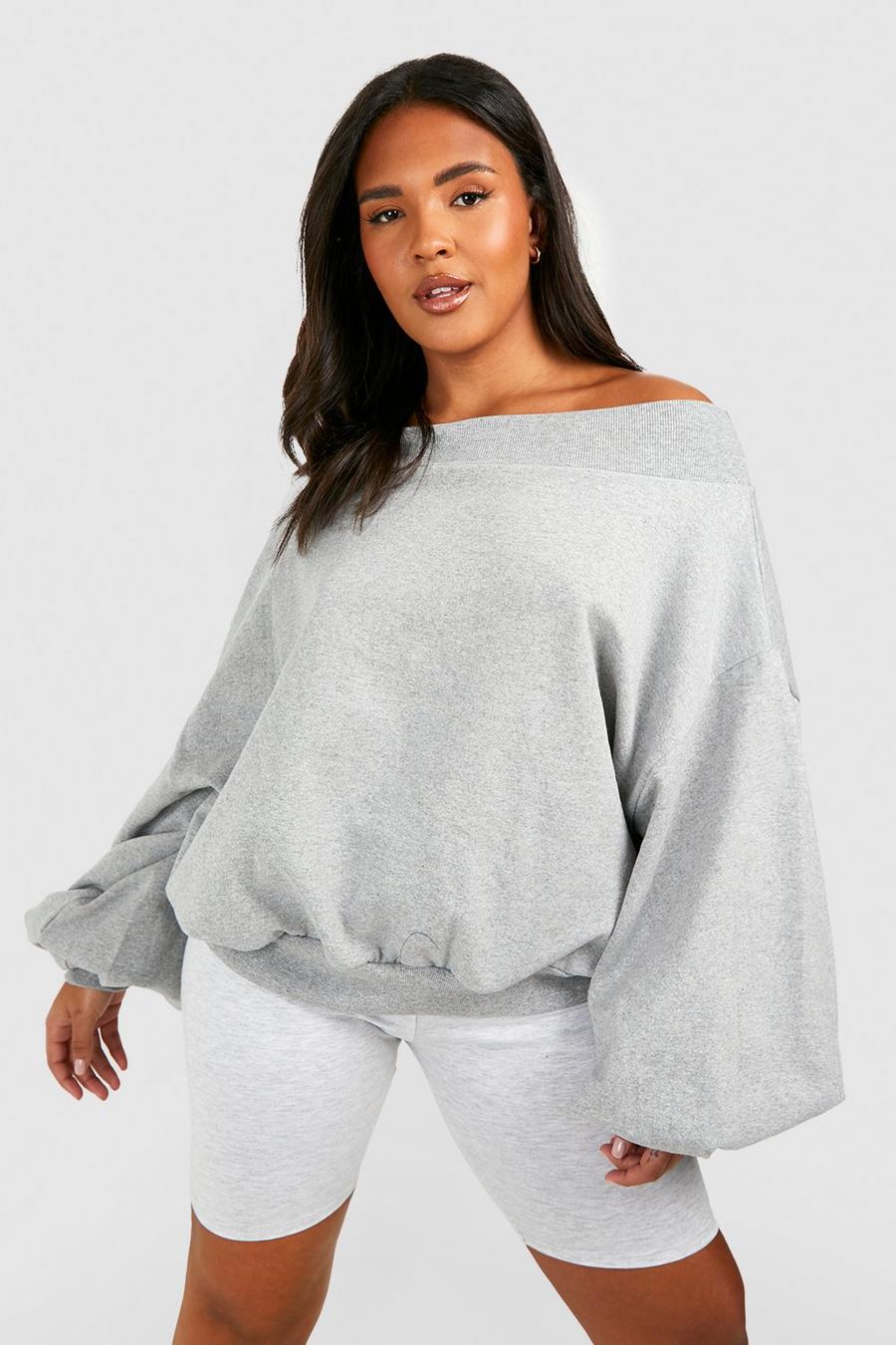Grey marl Plus Slash Neck Balloon Sleeve Sweat Sweater image number 1