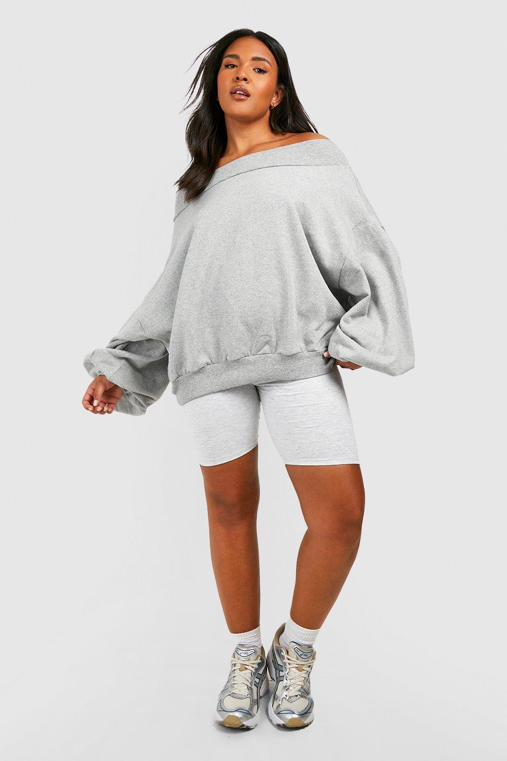 Plus Slash Neck Balloon Sleeve Sweatshirt