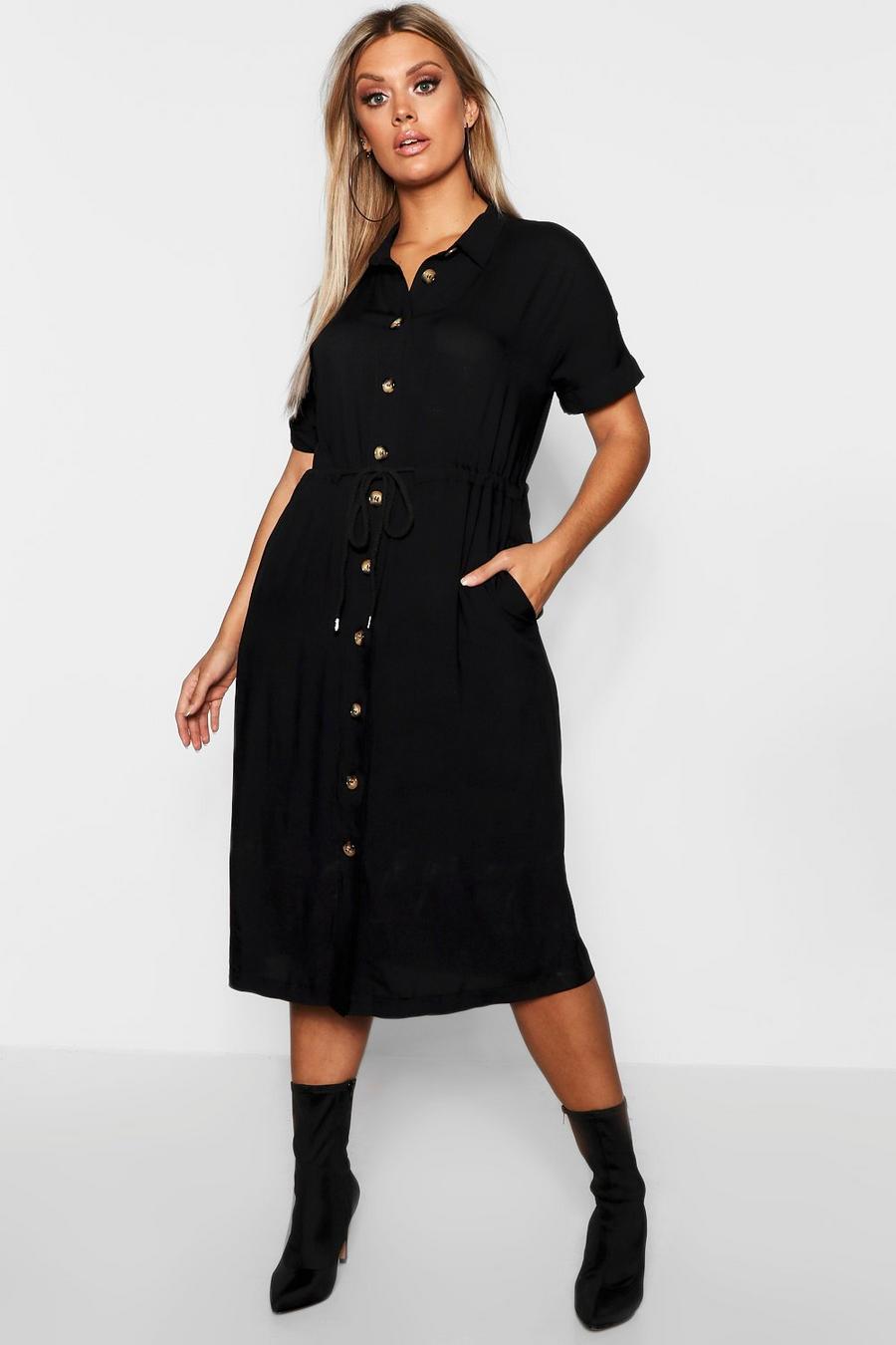 Black Plus Drawstring Waist Button Shirt Midi Dress image number 1