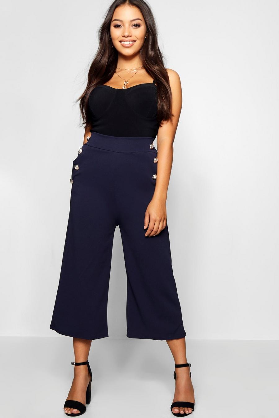 Navy Petite Gold Button Detail Culottes image number 1