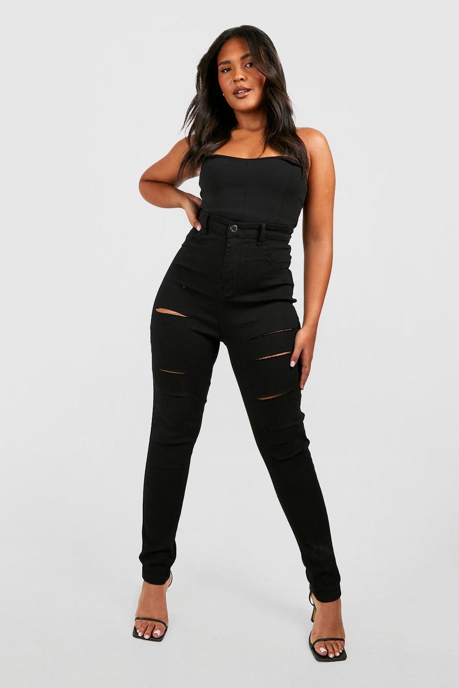 שחור negro טייץ ג'ינס עם קרע אלכסוני מידות גדולות image number 1