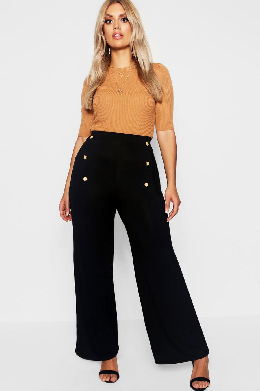 Plus Wide Leg Jersey Broek Met Hoornen Knopen image number 1